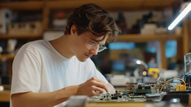 An intern repairs equipment in a tech workshop with tools scattered, circuit boards exposed, wires tangling, and a manual open on a bench, shown in a technical photo with metal gleams, wire coils,