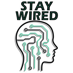 'Stay wired' text on human brain digital connections minimal Style vector art logo design
