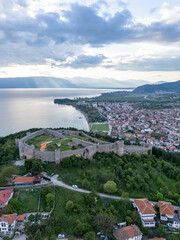 Medieval Fortress in Ohrid Town and Lake aerial view in North Macedonia