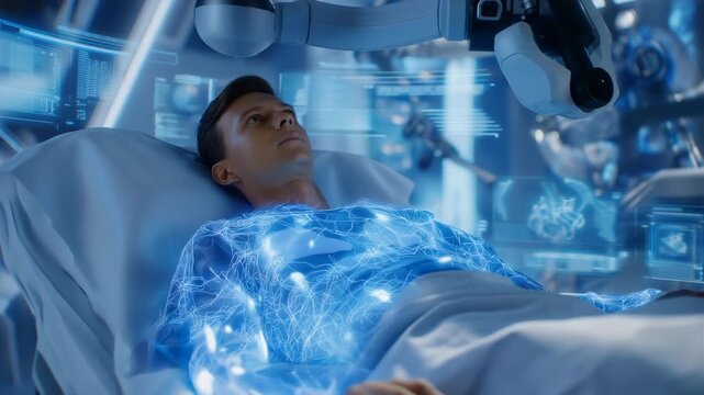 Close-up of patient receiving neural implant in high-tech medical room with holographic displays, robotic assistants, and glowing surgical tools, symbolizing advanced cybernetic procedures and