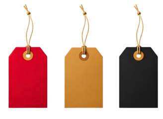 Three blank gift tags in red tan and black isolated on transparent background