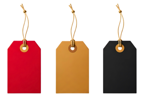 Three blank gift tags in red tan and black isolated on transparent background - Powered by Adobe