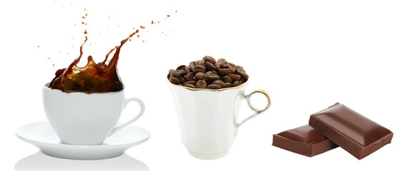 Coffee conceptual set: coffee cup with coffee splash, coffee cup with beans and chocolate bars, isolated on transparent background