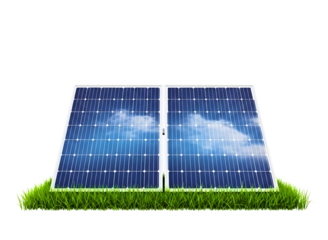 Two solar panels on green grass isolated on transparent background