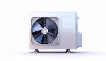 The external compressor unit for a home air conditioning and heating system. This image is perfect for concepts of HVAC installation, maintenance, and energy efficiency.