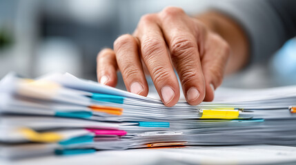 Close-up of fingers sorting through files with defocused body and clear detailed paper edges and annotations, with copy space