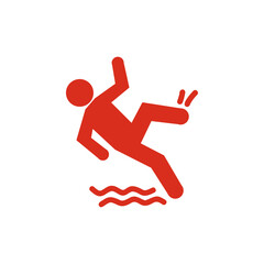 Falling red person silhouette pictogram. Caution sign. Isolated on white background. Vector illustration
