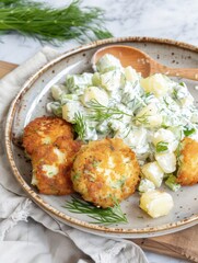 Crispy cod fishcakes paired with creamy potato salad in a cozy Scandinavian kitchen setting
