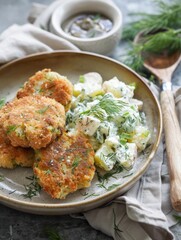 Crispy cod fishcakes served with creamy potato salad and fresh dill in a cozy kitchen setting