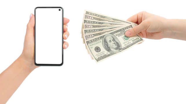 Online Payment set: hand with smartphone and hand with a money, isolated on transparent background