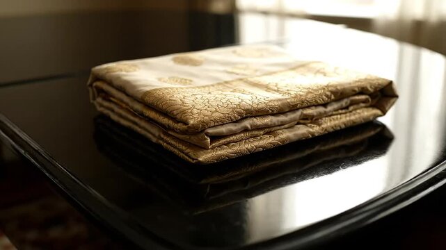 Elegant folded vaira oosi silk saree displayed on a glossy table surface