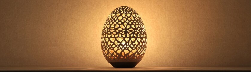 Ornate egg shaped lamp emitting warm light featuring intricate cutouts casting patterned shadows