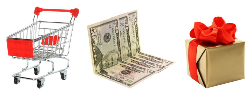 Shopping concept set: shopping cart, money bills and present box, isolated on transparent background