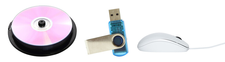 Technologies of 2000s set: compact disk, USB flash memory and wire computer mouse, isolated on transparent background