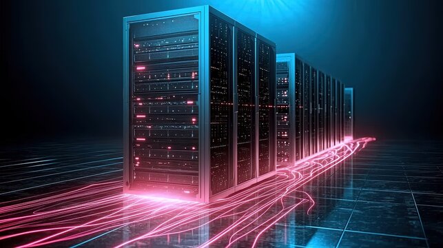High-tech server with glowing data streams for cloud computing and AI technology in virtual web development