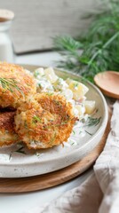 Crispy cod fishcakes served with creamy potato salad in a cozy Scandinavian kitchen
