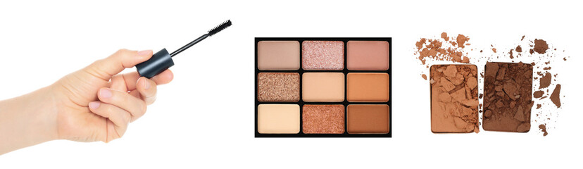 Visage and Make-up cosmetics set: hand holds mascara brush, eyeshadow pallete and broren eyeshadow pallete, isolated on transparent background