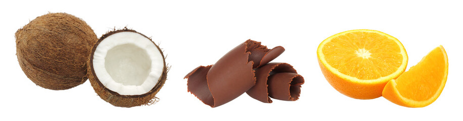 Exotic Fruits set: coconut, chocolate curls and orange, isolated on transparent background