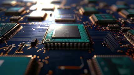 Close-up shot of circuit board with intricate design and chips on dark blue background for microcircuitry and tech innovation