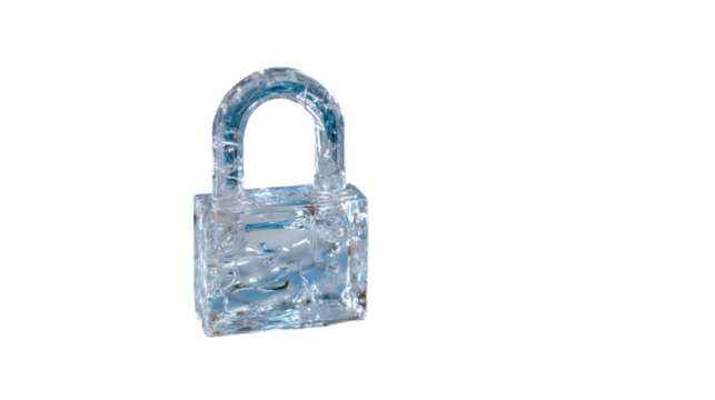 Transparent padlock made of ice on a black background symbolizing security and protection
