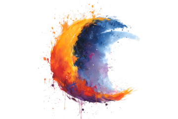 Abstract crescent moon with vibrant fiery and cool blue colors on black background