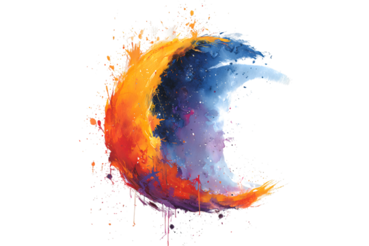 Abstract crescent moon with vibrant fiery and cool blue colors on black background