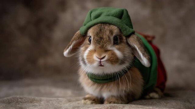 Pet rabbit wearing a miniature elf outfit matching the owner&rsquo;s elf costume, emotion of delight and whimsy visible, representing holiday role-play, festive clothing coordination, and cute seasonal