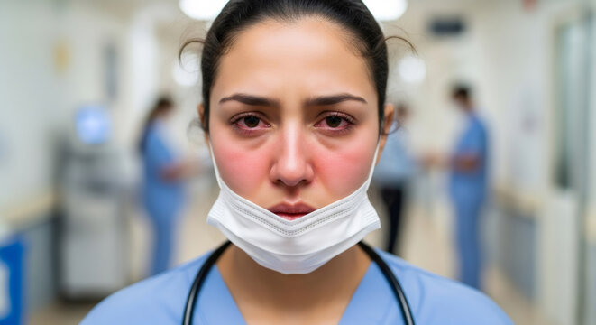 Woman nurse or doctor with red eyes and mask pulled down showing illness. Healthcare worker on duty while sick with flu or cold.
