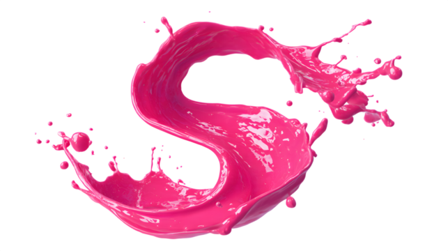 Dynamic pink paint splash forming letter s against black background