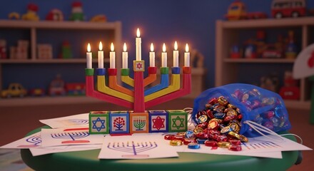 Hanukkah celebration setup with menorah, dreidels, chocolate gelt, and drawings on a table. Ideal for holiday cards, educational materials, and seasonal promotions.