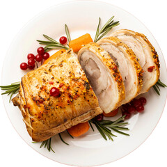 Roasted pork loin with cranberries and rosemary presentation on transparent background