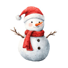 Watercolor snowman with red hat and scarf on black background on transparent background