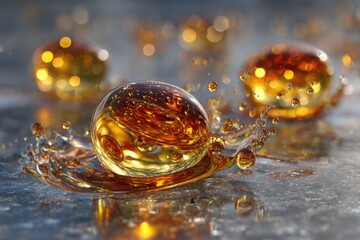 Liquid amber explosion capturing moment of impact as droplets ascend and ripple, creating crown effect against blurred golden backdrop