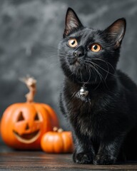 Black Cat with Yellow Eyes Near Halloween Pumpkin Decoration