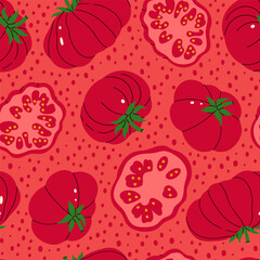Large red tomatoes on a red background seamless pattern. Vector graphics.
