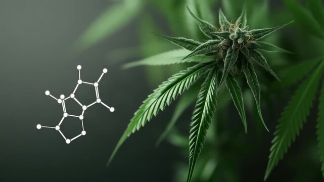 Cannabis Plant with Molecule: A close-up view of cannabis plant, its intricate green leaves, along with a detailed molecular structure, symbolizing the intersection of nature and science. 