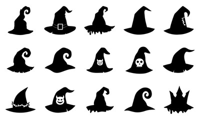 Set Of Spooky Halloween Hat Silhouettes - Flat Collection Of Creepy Halloween Hats