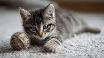 A cute tabby kitten playfully reaches for a ball of twine on a soft textured rug bathed in gentle indoor light