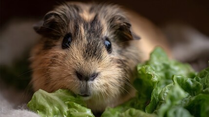 Fototapeta premium A cute small guinea pig with brown and tan fur is enjoying a healthy meal of fresh green lettuce leaves in a close up portrait