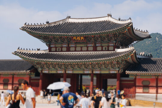 Gyeongbokgung Palace, Seoul, Jongno District, South Korea, in a spring sunny day, exterior view of main Korean royal palace with Bugaksan mountain in the background, museum and palace