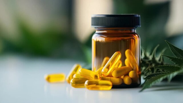 Health Supplements: A close-up shot of a amber glass bottle filled with health supplements, surrounded by several pills spilling out, all set against a backdrop of a vibrant green foliage.