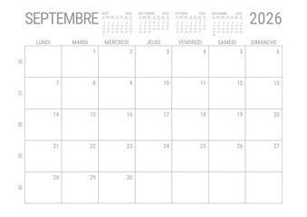 Calendrier Septembre 2026 Mensuel Planificateur avec Numero de Semaine à imprimer A4	