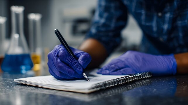 Researcher in purple gloves meticulously records observations and data in a laboratory notebook surrounded by scientific equipment - Powered by Adobe