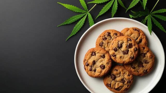 Cannabis-infused Chocolate Chip Cookies: Delightful, freshly baked chocolate chip cookies rest on a pristine plate.