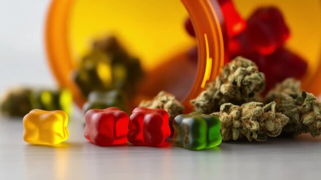 Cannabis edibles : A colorful assortment of cannabis-infused gummies and buds spill from a medicine bottle, symbolizing the intersection of wellness and relaxation.