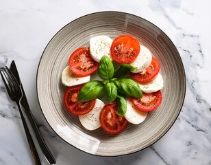 delicious caprese salad with cherry tomatoes fresh garden basil and mozzarella cheese on a white marble table top view