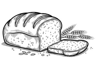Hand-drawn loaf of sliced bread with wheat stalks. Black and white vector line art for a bakery menu, logo, or coloring book page.