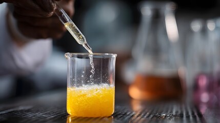 Close up of a scientist carefully adding liquid from a pipette into a beaker with yellow bubbly substance in a lab