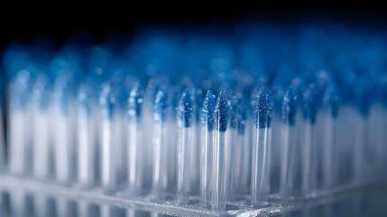 Close up of sterile blue pipette tips arranged in a laboratory rack ready for scientific experiments