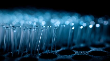 ro view of clear pipette tips in a laboratory rack illuminated with blue light and bokeh